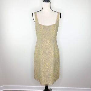 Tahari Scoop Neck Sleeveless Gold Brocade Sheath Dress w/Organza Trim NWOT Sz 10